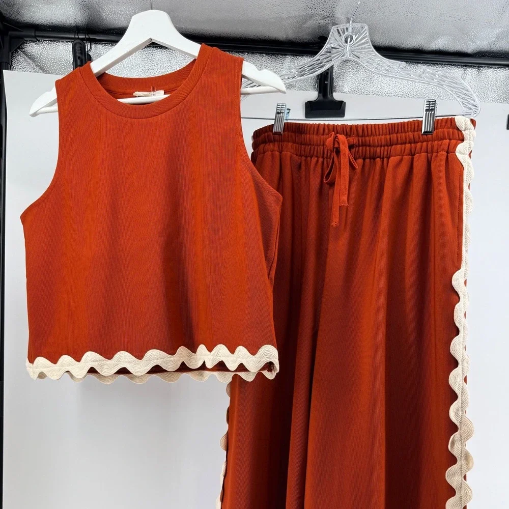 Entro Rust Orange Ribbed Knit Ric Rac Trim Crop Top and Wide Leg Pants Set MED